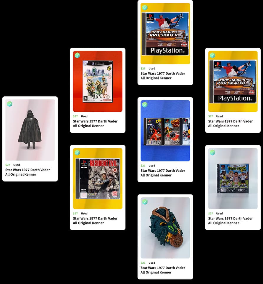 Product listing cards showing collectibles for sale