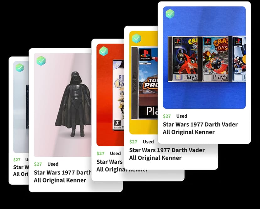 Product listing cards showing collectibles for sale