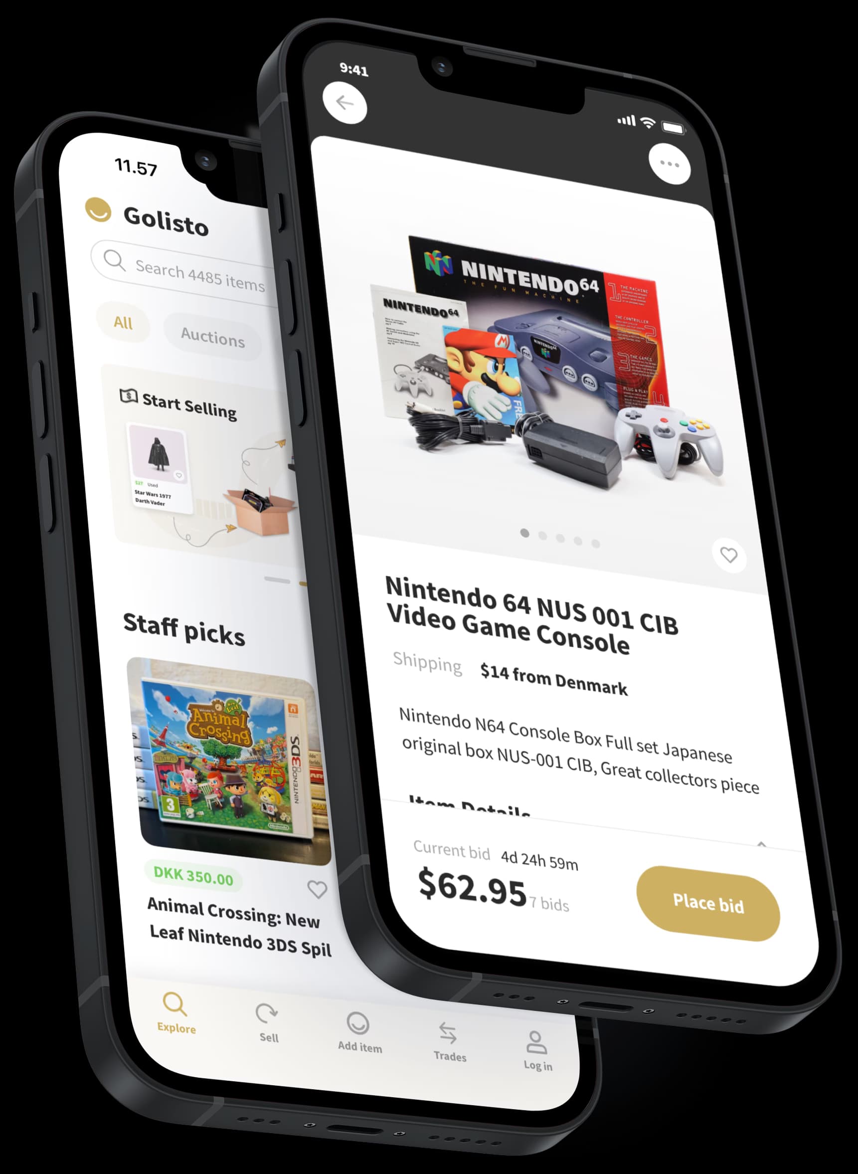 Golisto app on iPhone showing collectible listings
