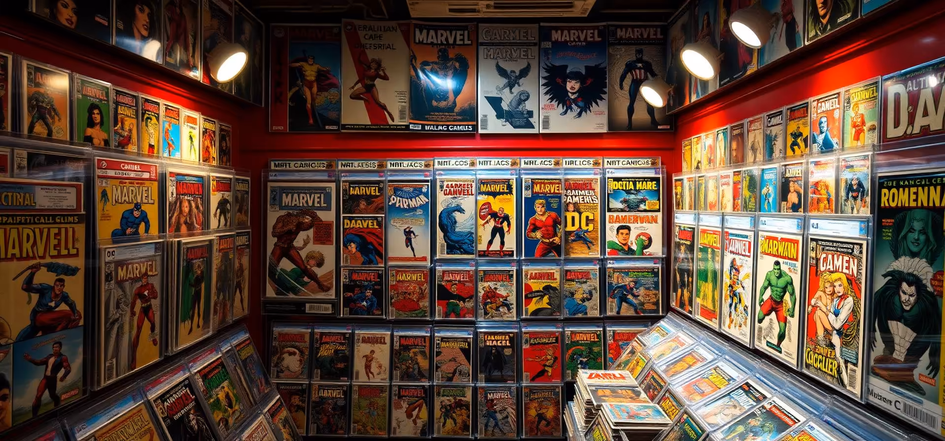 A comic shop wall of graded slabs and bagged back issues, lit by ceiling spotlights.