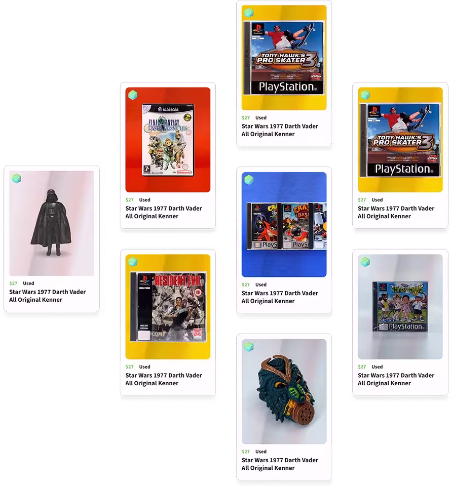 Product listing cards showing collectibles for sale
