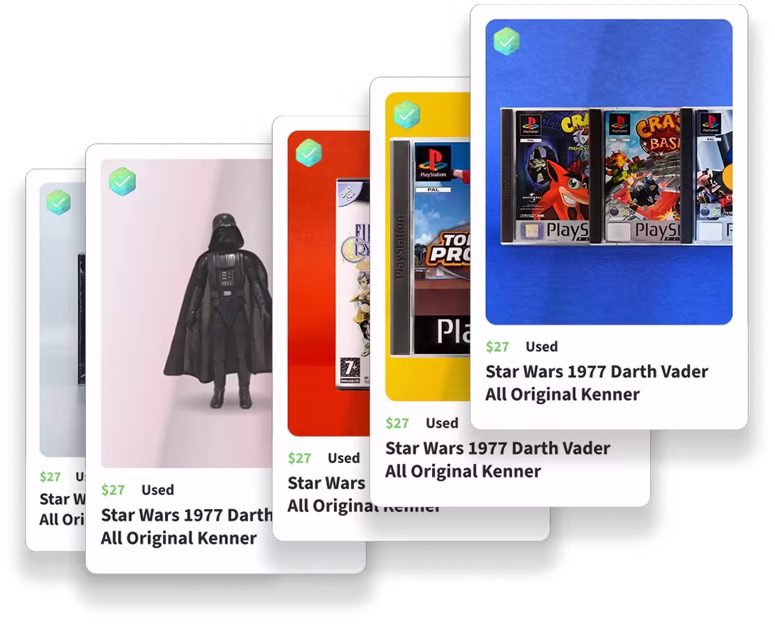 Product listing cards showing collectibles for sale